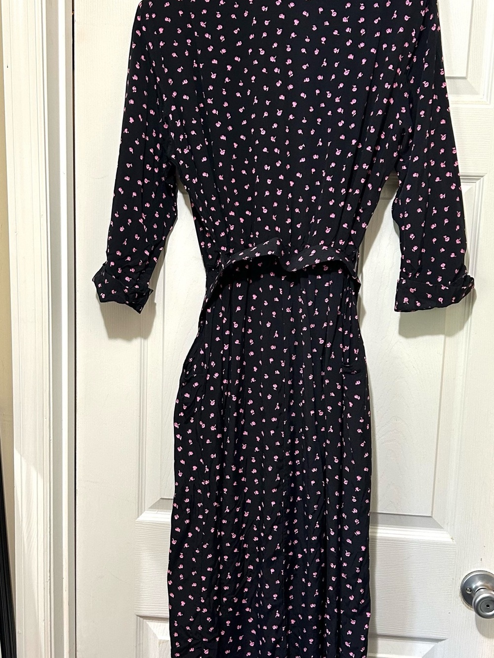 Vintage Black Pink Floral Dress Retro Belted Rayon The Traveler by Connie Sz 14 - Picture 7 of 7